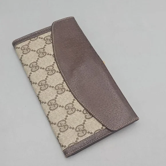 GUCCI - Old Gucci Bifold Long Wallet in Brown & Tan - Vintage Monogram Logo - Picture 3 of 16